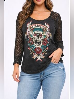 Affliction Women's Black Lace-Sleeve Long Sleeve Tee